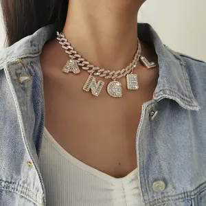 Tianshixin — collier avec lettres strass pour femmes, bijou ras du cou, breloque glacé, Hip-hop, pendentif cubain, lettre d'ange