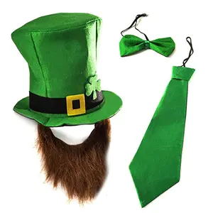 St. Patrick's Day Green Leprechaun Top Hat com Barba Irish Shamrock Velvet Hat