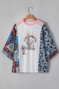 Chemisiers décontractés d'été 2026 pour femmes, style western vintage, en mélange polyester-coton, à manches chauve-souris <span class=keywords><strong>trois</strong></span> quarts, imprimés feuilles et bottes - Product Image 5