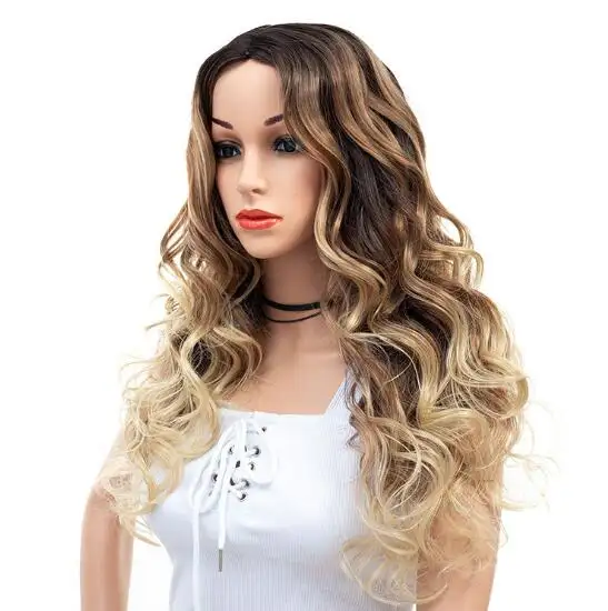 Factory Drop Shipping 28Inch Lange Golvende Blonde Ombre Pruiken Mode Dame Celebrity Kapsel Gelaagde Krullend Wieken Dragen