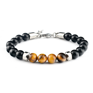 Wholesale Punk Silver Onyx <b>Beaded</b> <b>Bracelets</b> for Men Trendy Style with Stainless Steel Buckle and Tiger Eye for Anniversaries - Product Image 4