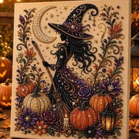 Kit Seni 3D Mutiara Rhinestone Buatan Tangan untuk Dekorasi Dinding Motif Hantu Sapi Kucing Tengkorak Penyihir Labu Bulan Vintage Halloween
