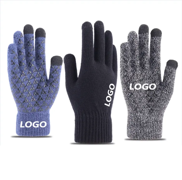 Factory wholesale warm touch screen gloves winter ladies man jacquard plus velvet thickened finger knitted gloves