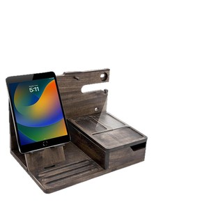 Wooden Desktop Organizer Phone Holder With Charging Port <b>Glasses</b> Tray Storage <b>Rack</b> Multifunctional Office Desk Stand Retro Color - Product Image 5