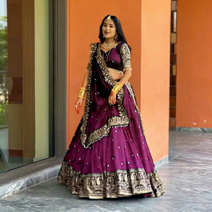 Divyam Creation Lehenga Choli en Spandex Noir Brodé, Col Carré, Manches Longues, Coupe Trapèze, Robe Longue, Finition Artisanale, Style Classique - Product Image 1