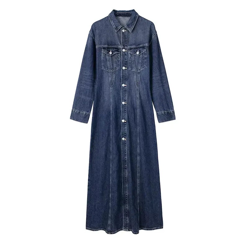 Zatrhmbm Vrouwen 2023 Herfst Nieuwe Mode Denim Midi Jurk Vintage Lange Mouw Knoop Up Casual Dames Jurken Vestidos Mujer