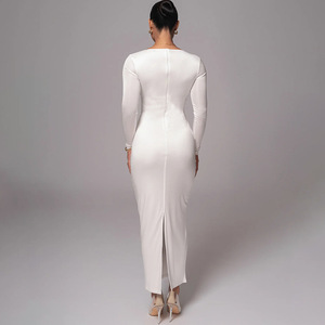 V-neck Hollow-out Long Sleeve Bodycon Dress <b>Full</b> <b>Length</b> Slim Fit Evening Dress - Product Image 4