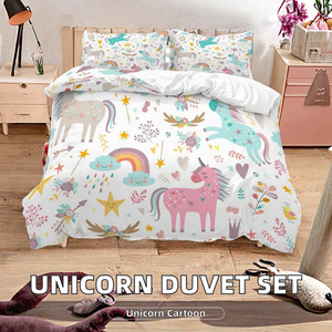 Parure de lit licorne moderne pour filles, motif dessin animé, taille Queen, rose/bleu/gris, fleurs, arc-en-ciel, étoiles, 3 pièces, 2 taies d'oreiller, polyester - Product Image 3