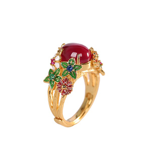 BOCAI S925 anelli in <span class=keywords><strong>argento</strong></span> Sterling da donna con motivo a fiori in smalto <span class=keywords><strong>dorato</strong></span> corindone rosso naturale intarsiato stile etnico gioielli per feste - Product Image 6