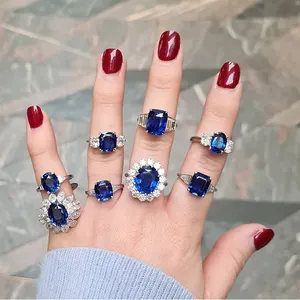 Hailer đồ trang sức cưới phòng thí nghiệm tạo ra đá quý giá 925 sterling Silver engagement Royal Blue Sapphire Nhẫn