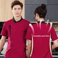 Ventes en gros de vestes de cuisine personnalisées avec logo rouge à manches courtes en polyester et coton pour hôtels, restaurants, vêtements de travail pour femmes et hommes, uniformes de chef