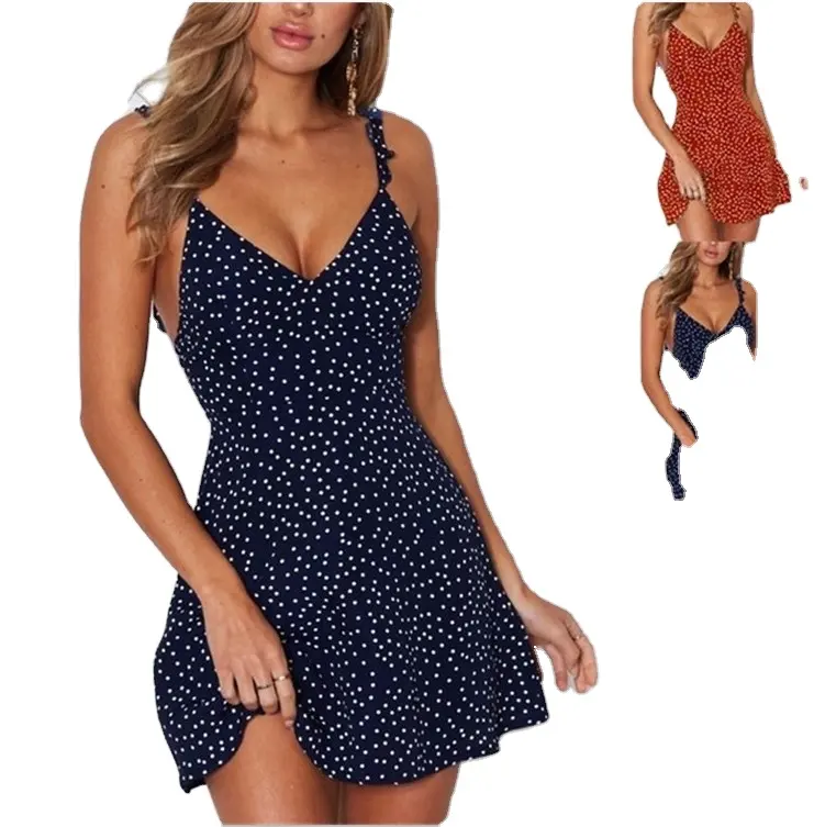 New Summer Women's Fashion Sleeveless Polka Dot V-neck Dress Strap Mini Backless Party Dress Casual Dresses