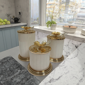 Wholesale Gold White Glass Gifts Coffee Candy Tea Sugar Canisters Container Jars Storage with Leaf Lid for <strong>Kitchen</strong> <strong>Decoration</strong> - Product Image 1