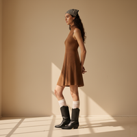 Gaun Rajut Tanpa Lengan Wanita, Atasan Jumper Bergaris Turtleneck & Rok Mini A-Line Mengembang, Sweater 12GG