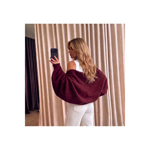 <b>Women's</b> <b>Burgundy</b> Knitted Raglan Sleeve Bolero <b>Cardigan</b> Korean Style All Seasons Wear - Product Image 2