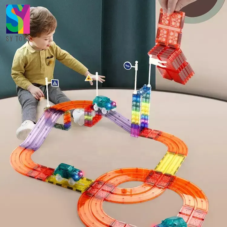 SY Educational children's games electric track train sets magnetic cubes building blocks for kids