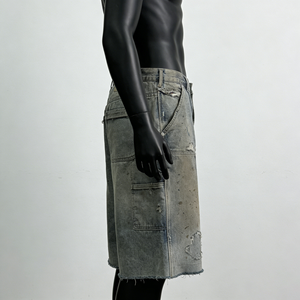 Shorts en jean vintage 100 % coton, peints à la main, effet vieilli, délavage léger, fermeture éclair en cristal, style streetwear - Product Image 4