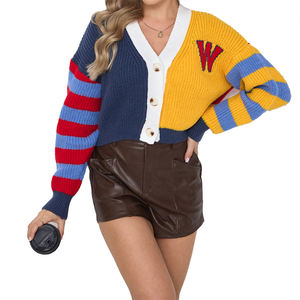 Suéter de Mujer, Estilo 2026, Informal, Moderno, Colorido, con Letras, Rayas en Contraste, Botones, Manga Corta/Larga - Product Image 1