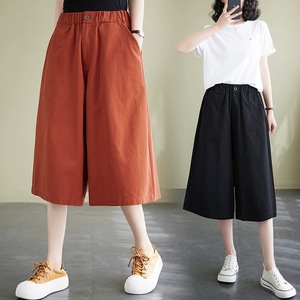 Cotton Elastic Waist Wide Leg Cropped Pants For Women Casual Breathable Solid Color Loose Fit Orange Black White Khaki 2536 - Product Image 1