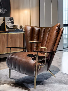 Sillón Individual de Cuero Genuino Vintage: Oficina, Bar, Exterior, Cómodo, Estilo de Mediados de Siglo, Sillón para Cigarros - Product Image 1
