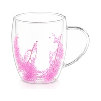Mug Kaca Dinding Ganda dengan Bunga Kering dan Gagang Kaca, Cangkir Kopi Teh Transparan untuk Rumah, Kafe, Hadiah