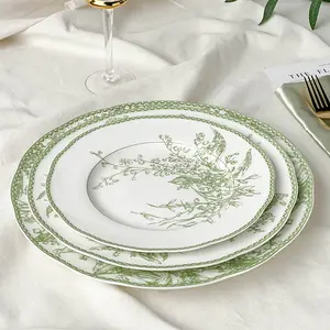 Vintage Luz Verde Flor Impresso Cerâmica Dinner Plate Set Retro Design Carregador Placas E Pratos Set Para Casamento