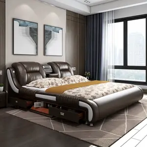 Modern Luxury Genuine Leather Bed Hot Sale High End Multifunctional Smart Bed With Massage And Projector TV Home Funiture