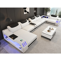 Luxuriöses U-förmiges Ecksofa aus Echtleder mit LED-Beleuchtung, Stauraum, Liegefunktion und Schaumstoffpolsterung für das Wohnzimmer
