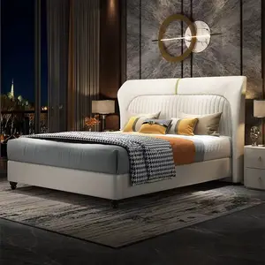 Mobiliário jogo de quarto king size moderna italiana couro genuíno duplo cama beleza cama de luxo mobiliário moderno