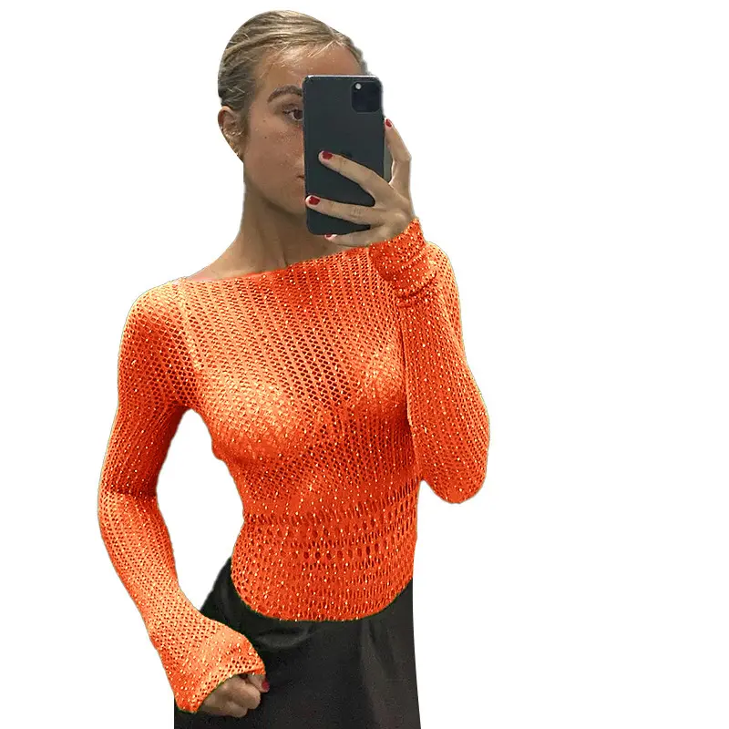 Lässige ausgehöhlte Strass steine Langarm Tops Sexy Mesh Bodysuit Gestrickte rücken freie Tops Damen Bluse & Shirt