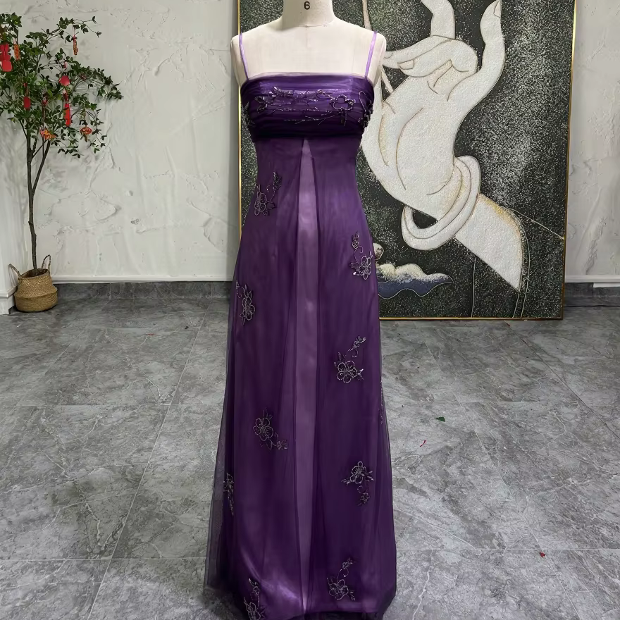 Square Neckline Purple A-Line Vintage Spaghetti Strap Beading Natural Waist  Crepe Floor-Length Teenagers Prom Dress Built-in Bra| Alibaba.com