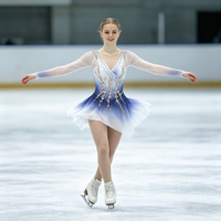 Robe de patinage et de danse pour enfants et adultes, dégradé bleu et blanc, maille transparente, manches longues, garniture en strass dorés, pour compétition et spectacle de patinage sur glace