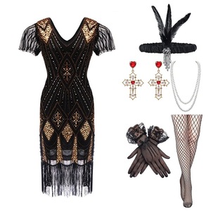 Retro 1920s <b>Sequined</b> Dress With Tassels V-Neck Plus Size Gatsby Set For Dance Club Wear - Product Image 5