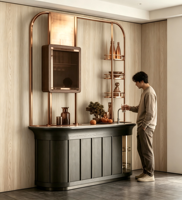 Meuble de bar de cuisine moderne avec cadre en cuivre, panneau en bois, quincaillerie à fermeture douce, taille et couleur personnalisables, garantie 5 ans