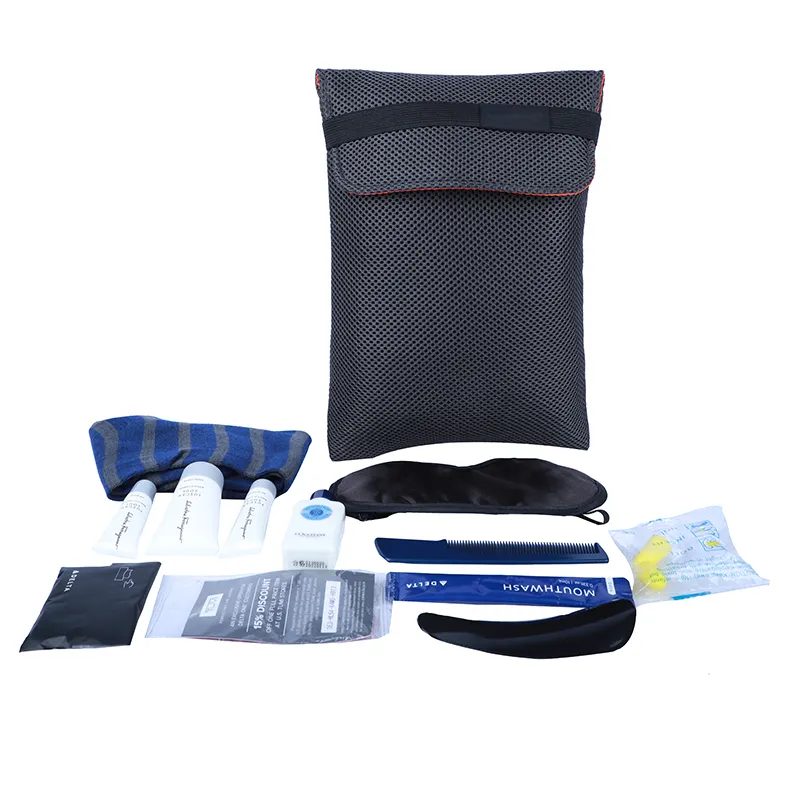 First Class Airline amenitity overnight kit Disposable hotel men toiletries sandiwich mesh bag