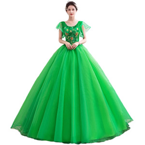 Emerald Green Evening Gown Scoop Neck Floral Print Tulle Dress For Wedding Banquet Performance Women - Product Image 5