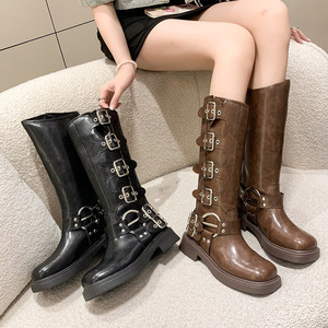 Bottes de cowboy occidentales pour femmes, style 2025, mi-longues, doublure en cuir véritable, saison automne/hiver/printemps, marron vintage - Product Image 1