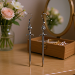 Antique <b>Silver</b> Plated <b>Sword</b> Drop Earrings Vintage Style Unisex Alloy Fashion Jewelry - Product Image 2