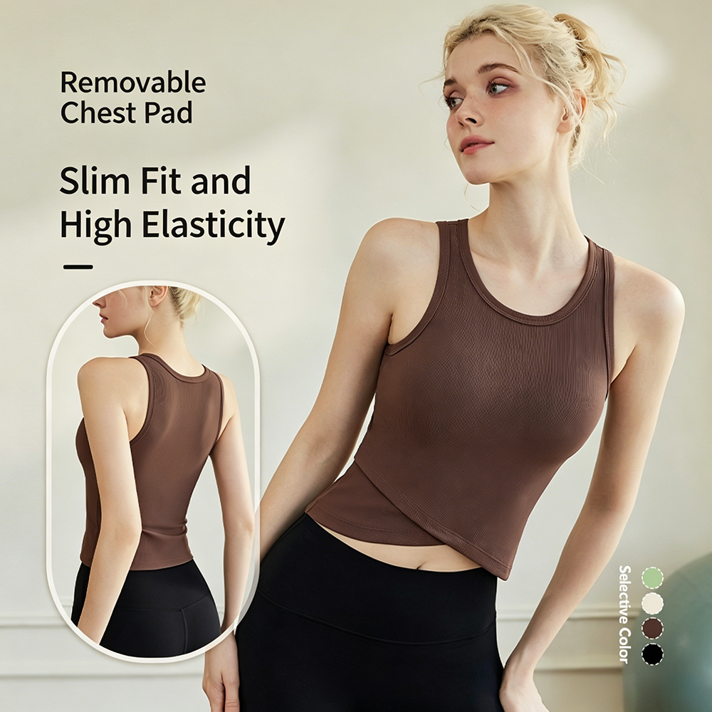 Women's Athleisure Nylon Crew Neck Yoga Tank Top Removable Chest Pads Slim Fit High Elasticity Casual Daily Workout Top