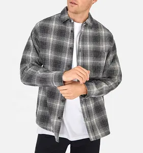 Camisa de flanela xadrez de algodão, camisa casual masculina preta/branca feita em algodão