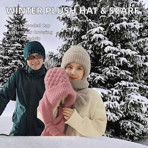 Women's Winter Warm Striped All-In-One Knitted Plush 100% Acrylic <b>Hat</b> <b>Scarf</b> Thickened Hooded Ear Protection Long Beanie Cap - Product Image 2