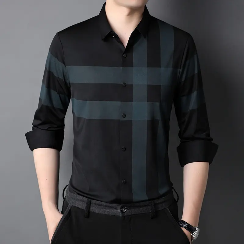 High Quality Slim Fit Casual Black Shirt Man Long Sleeve Striped Polyester Shirts for men Long Sleeves on Sale