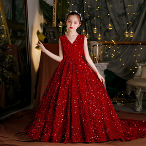 Nouvelle Robe de Mariage pour Filles au Design Européen, Robe de Demoiselle d'Honneur Rouge à Paillettes et à Traîne - Product Image 4