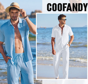 Conjunto de <span class=keywords><strong>2</strong></span> Piezas para Hombre, Camisa Casual de Manga Corta con Botones, Pantalones Holgados de Playa para Verano - Product Image 3