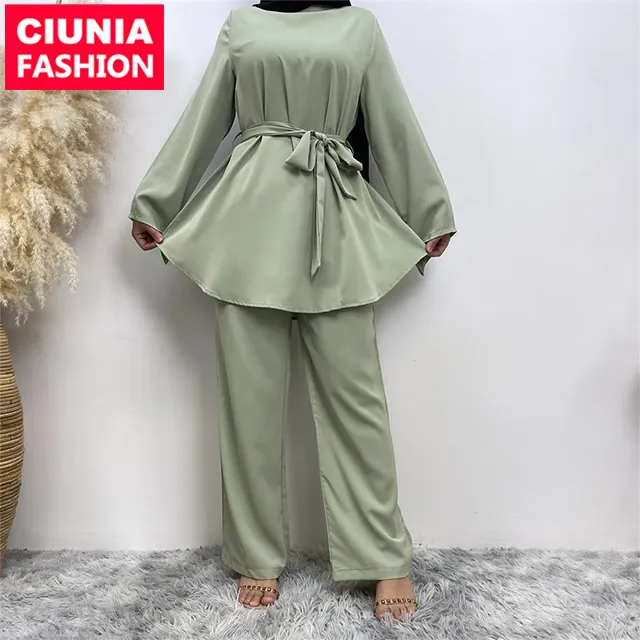 2272# Hot Sell Ladies Clothing Two Pieces Tunic Top & Pant Muslim Wear Suits Dubai Middle Ease High Quality Women Clothes