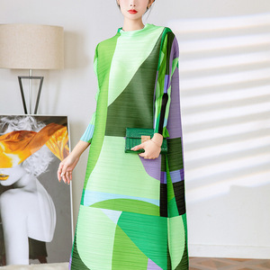 Ready to Ship Artistic Geometric Block Print Mock Neck High <strong>Elastic</strong> Miyake Pleated <strong>Dress</strong> - Product Image 4