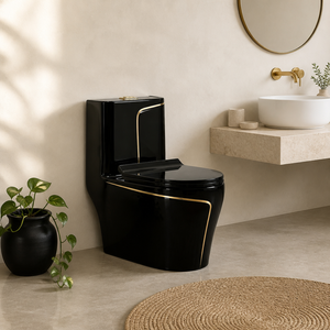 WC Integrato Nero Lucido con Decorazione a Scacchi Dorati, Design a Doppio Scarico, Materiale Ceramico con Sedile a Chiusura Morbida - Product Image 1