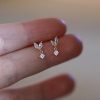 Boucles d'oreilles pendantes en argent sterling 925 avec zircon serti griffe, motif double feuille et rond, pour femme - Idéales pour le dropshipping