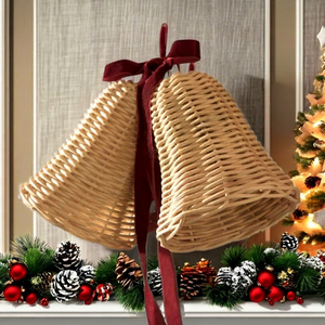 Cloche de Noël en rotin festif avec bol rouge, ornement artisanal écologique, parfait pour la décoration de Noël à suspendre ou sur table, vente en gros - Product Image 1