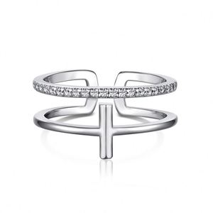 Dylam Simple New Design Solid Sterling <b>Silver</b> Rhodium Rose Gold Plating Double Row 5A Diamond Zirconia <b>Cross</b> Open <b>Rings</b> - Product Image 1